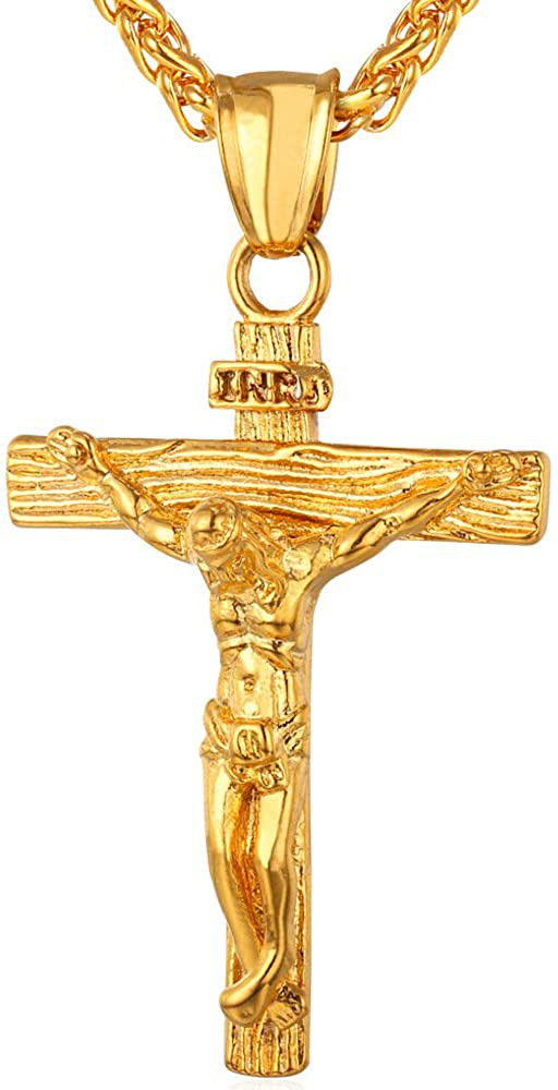 Cadena para Hombres Oro Chapado 18k Cz Cruz de Jesus Colgante Collar Figaro 22