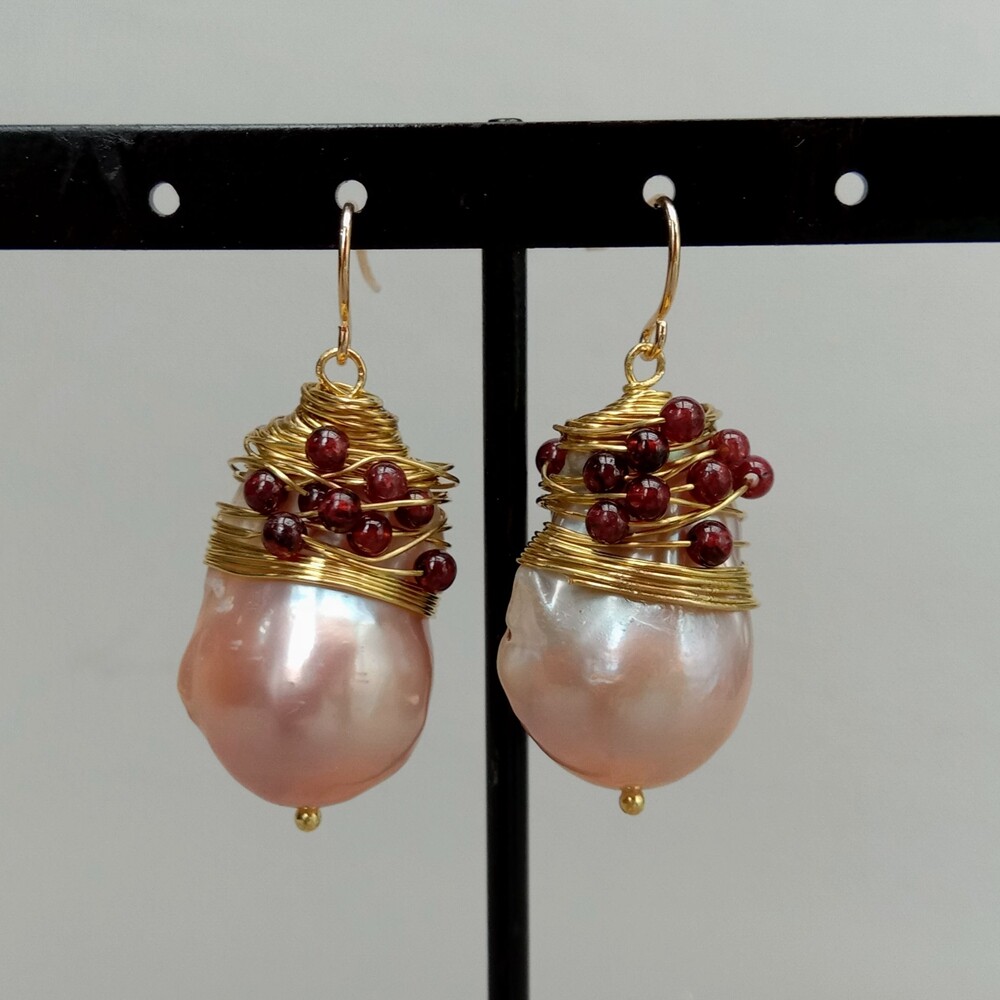 16x26MM Natural Pink Keshi Pearl Garnet Hook Earrings