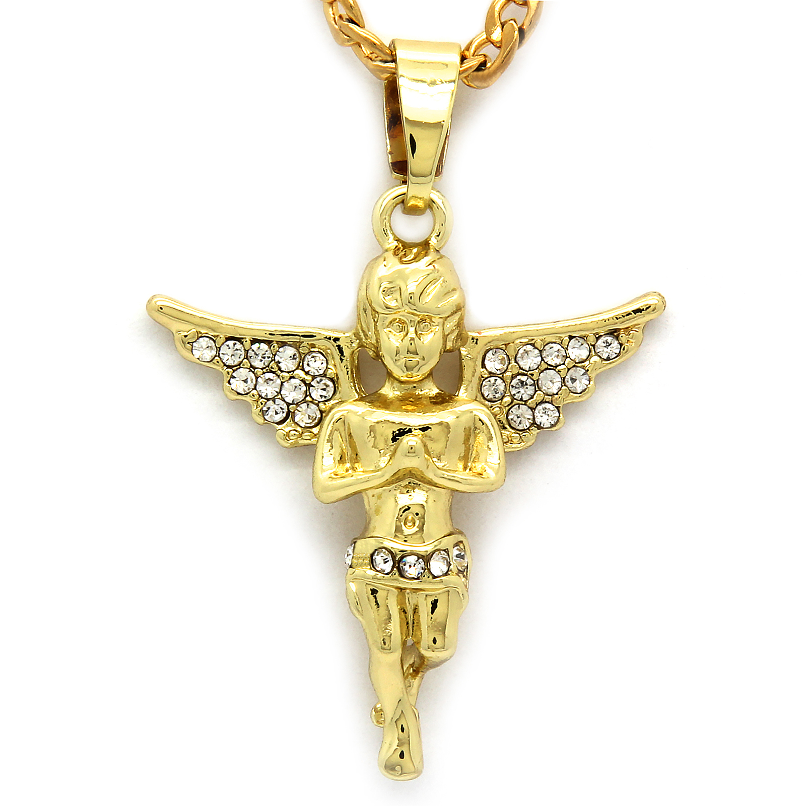 Men & Women Angel Pendant Cubic-Zirconia Gold Plated stainless steel Cuban 24″