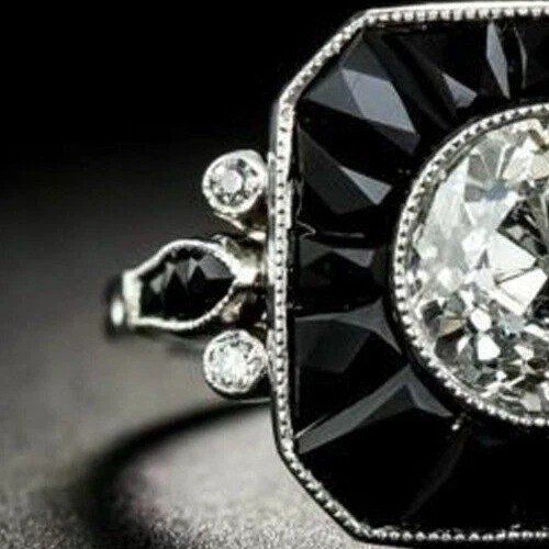 Art Deco Vintage Round Lab Created Diamond & Onyx Engagement Ring In 925 Silver