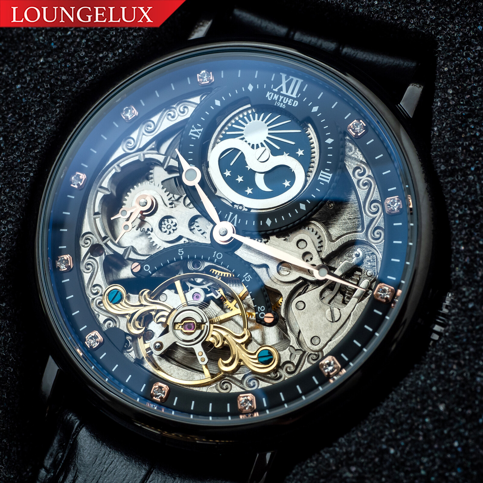 Mens Dual Time Flywheel Skeleton Automatic Mechanical Watch Black Leather Band