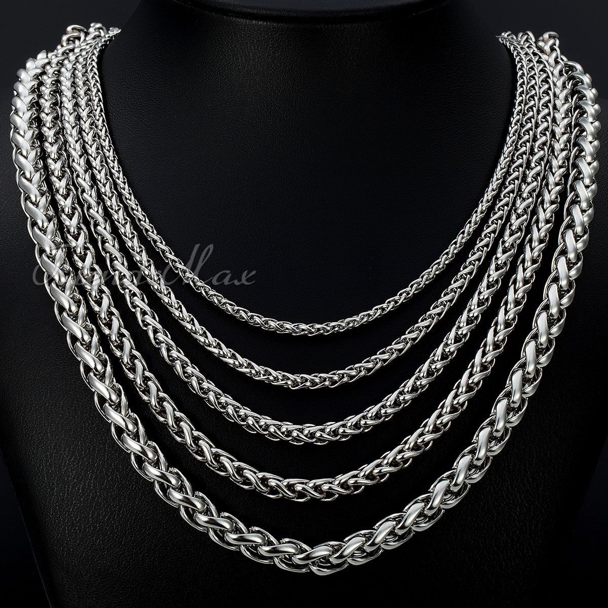 3/4/5/6/8/10mm Boys Men’s Chain Stainless Steel Wheat Link Silver Tone Necklace