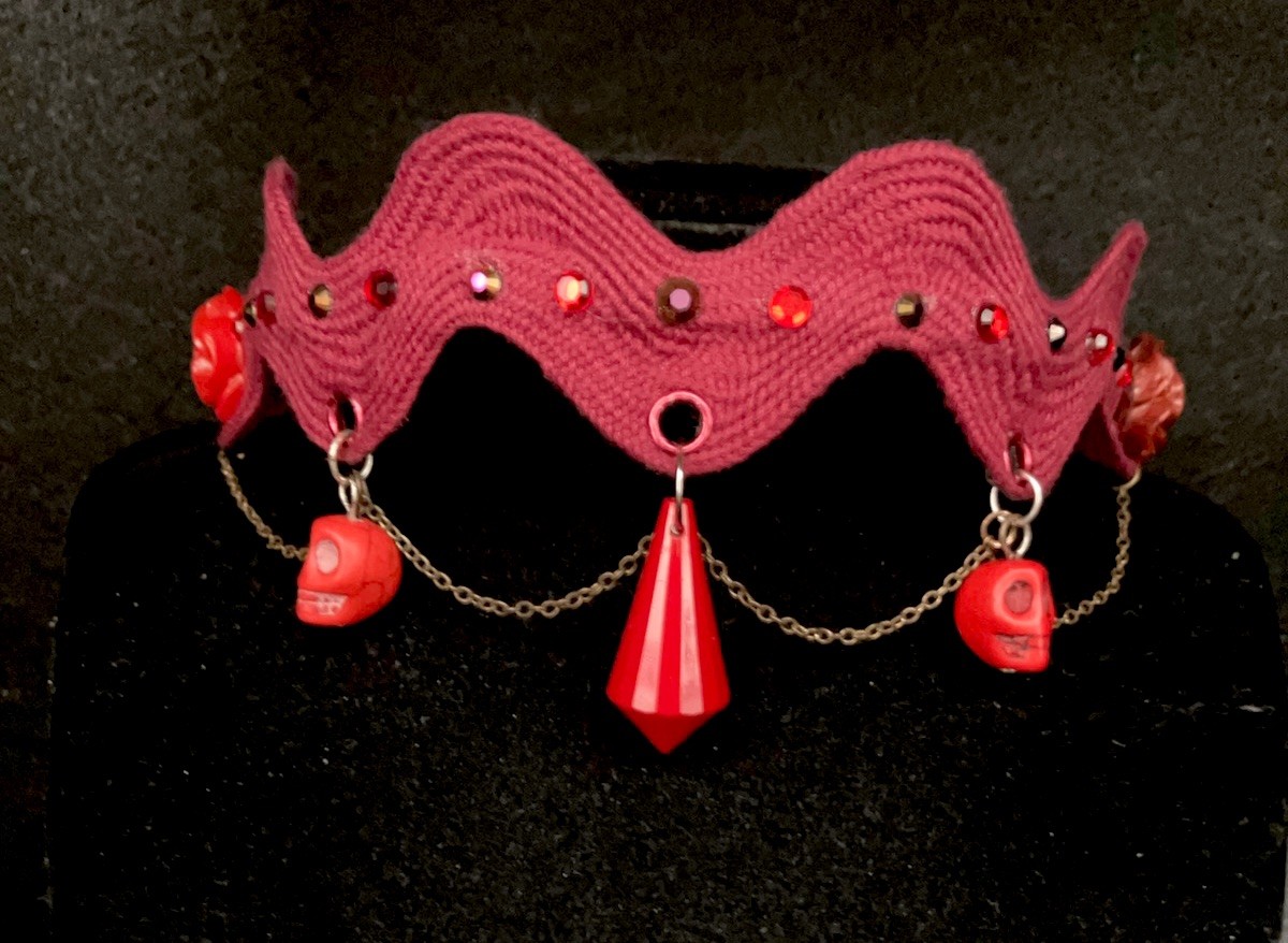 Maroon And Red Skull And Rose Spring Back Choker, MiaChavi Geekery