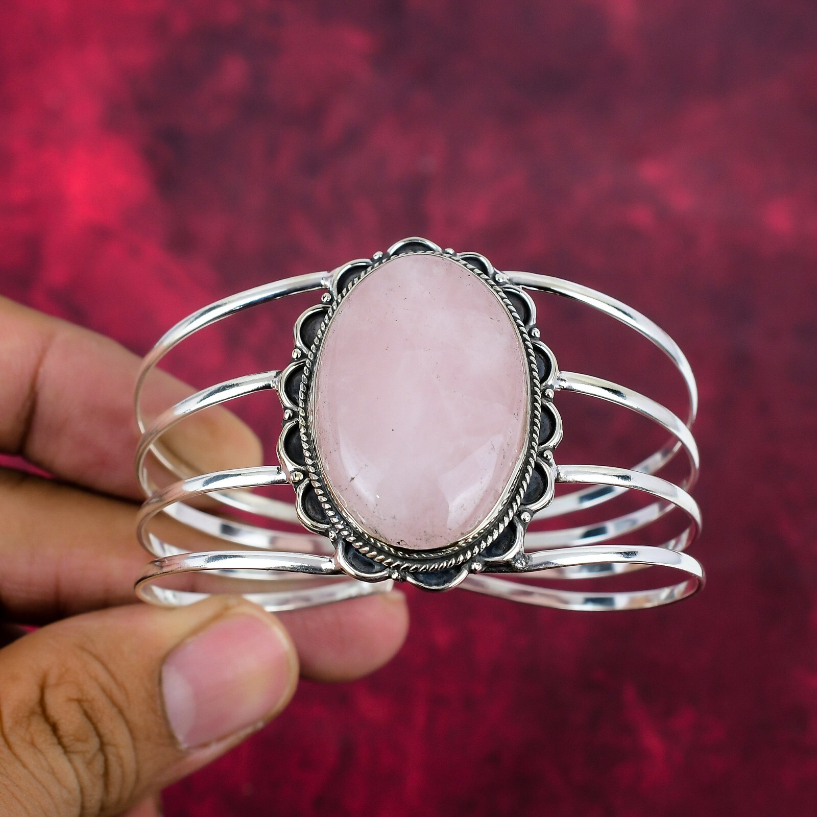 Rose Quartz Gemstone Handmade Bangle 925 Sterling Silver Adjustable Jewelry
