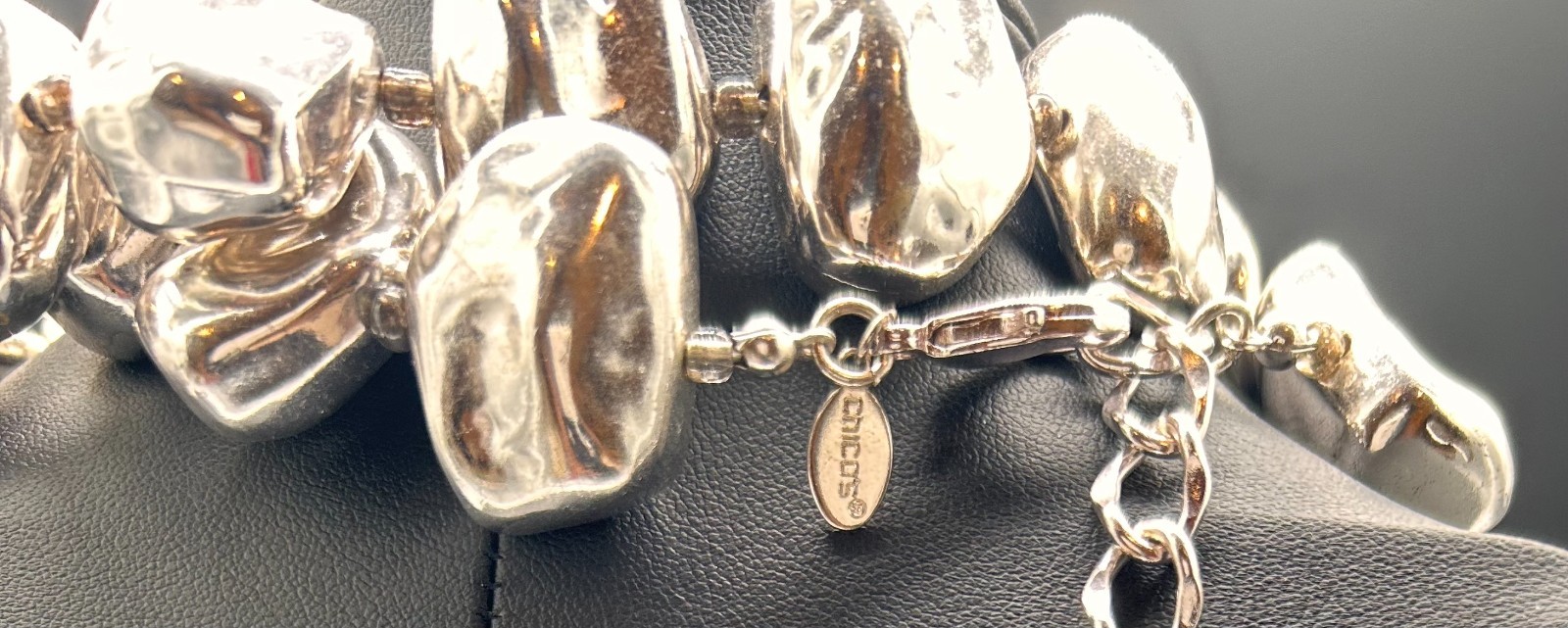 Chico’s Silver Tone Chunky Nugget Pebble Bead Statement Necklace 21″ Long Signed