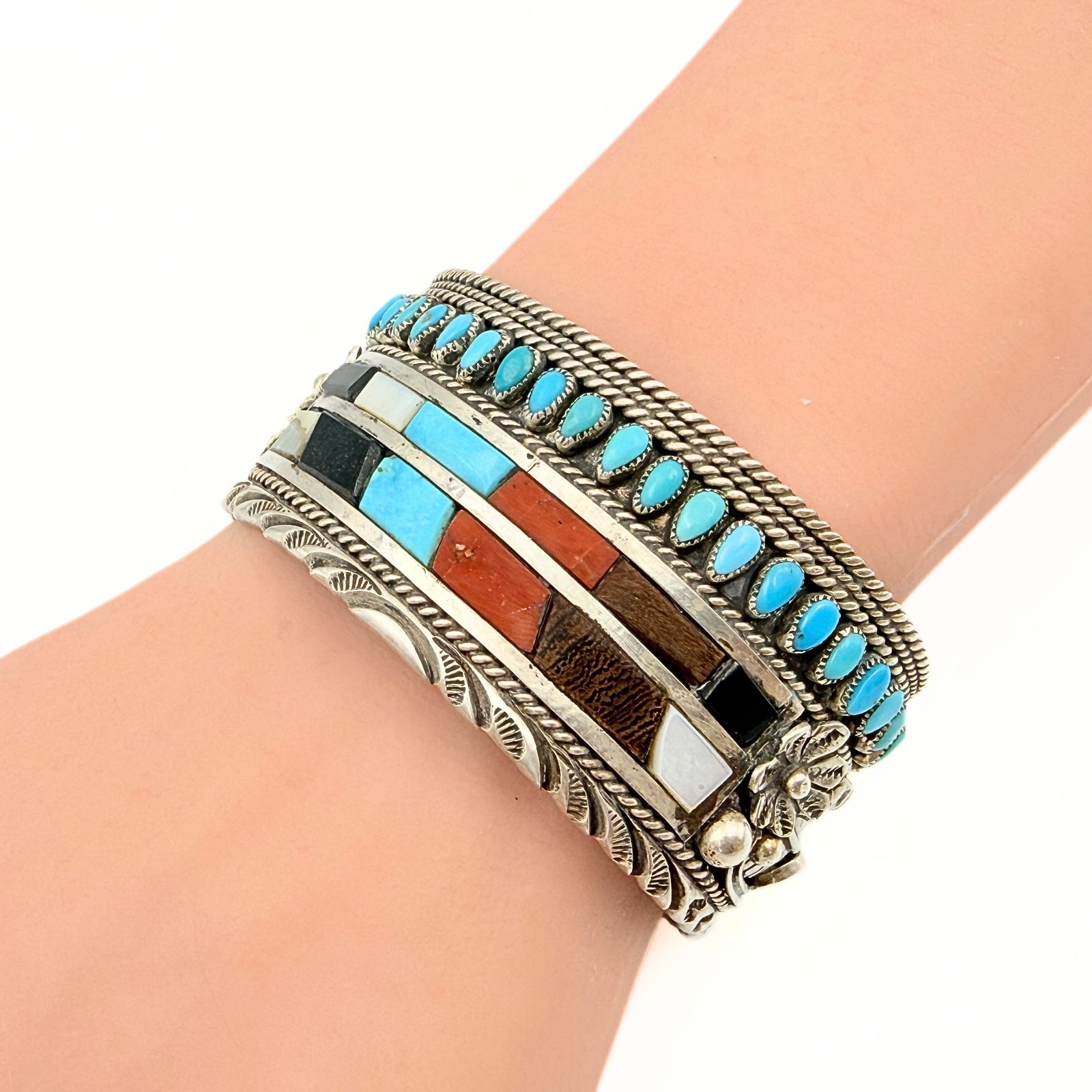 Leo Harvey Marked Navajo Sterling Silver Cobblestone Multi Stone Cuff Bracelet