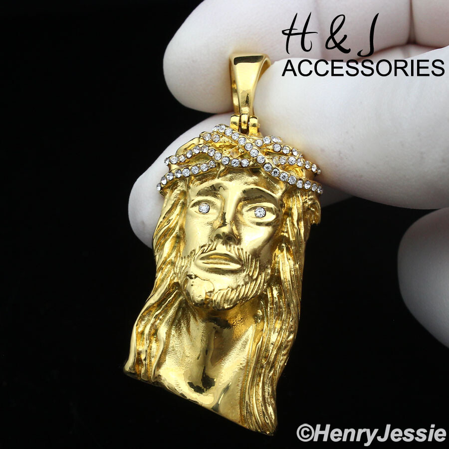 18″-40″MEN Stainless Steel 5mm Gold Plated Cuban Chain ICY CZ Jesus Pendant*G133