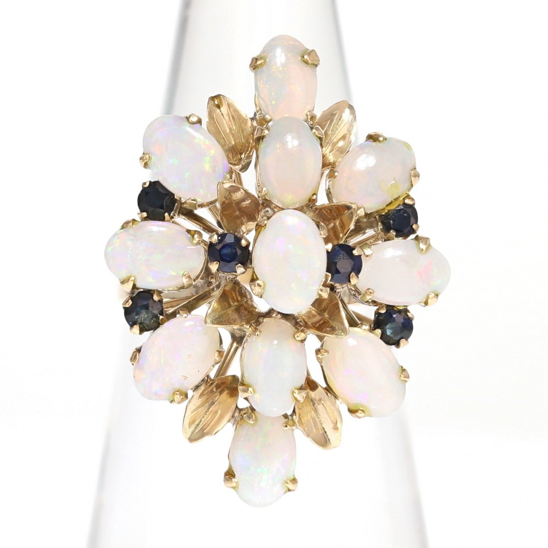 3.17ctw Cabochon Opal and Sapphire Cluster Statement Ring 10k Yellow Gold Size 6