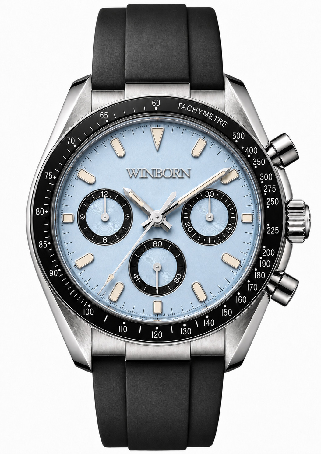 Winborn Ice Blue Dial Chronograph Watch Rubber Strap Tachymeter VK63 41mm