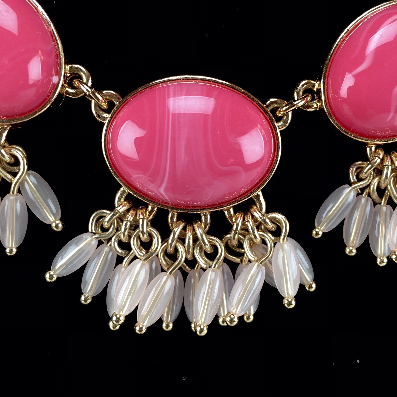 Talbots Pink Statement Necklace Gold Tone Oval Cabochon Bead Fringe 19″-21.75″
