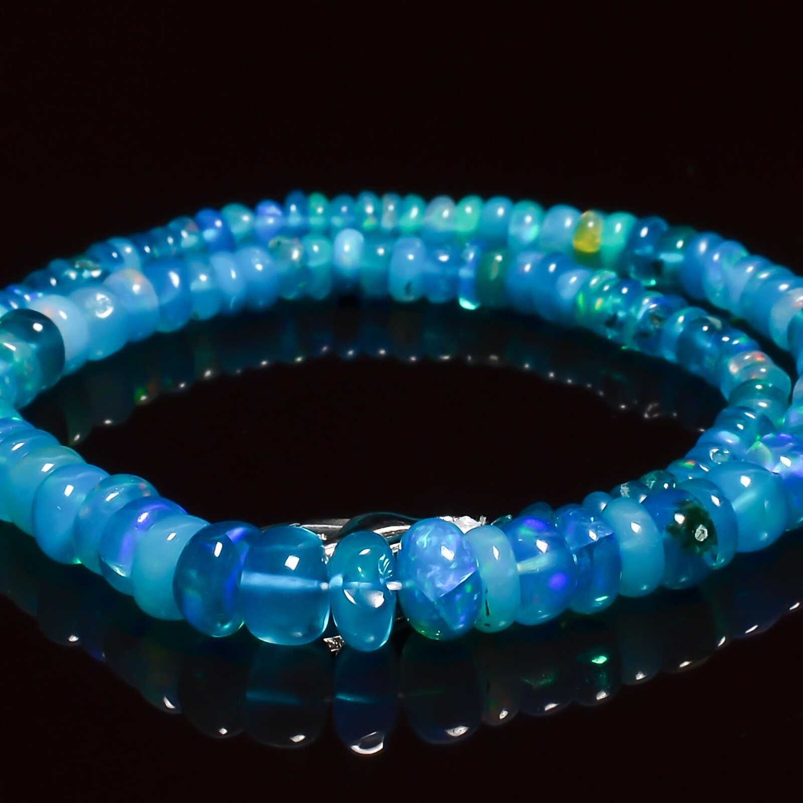 23 Ct. Natural Neon Blue Ethiopian Opal Rondelle Smooth Beads Bracelet 9″ A-5054