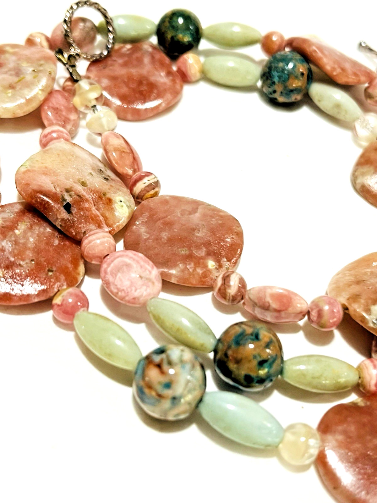USA Artisan Pink Rhodonite Rippled Disc Bead Necklace 27″ Sterling Toggle Clasp