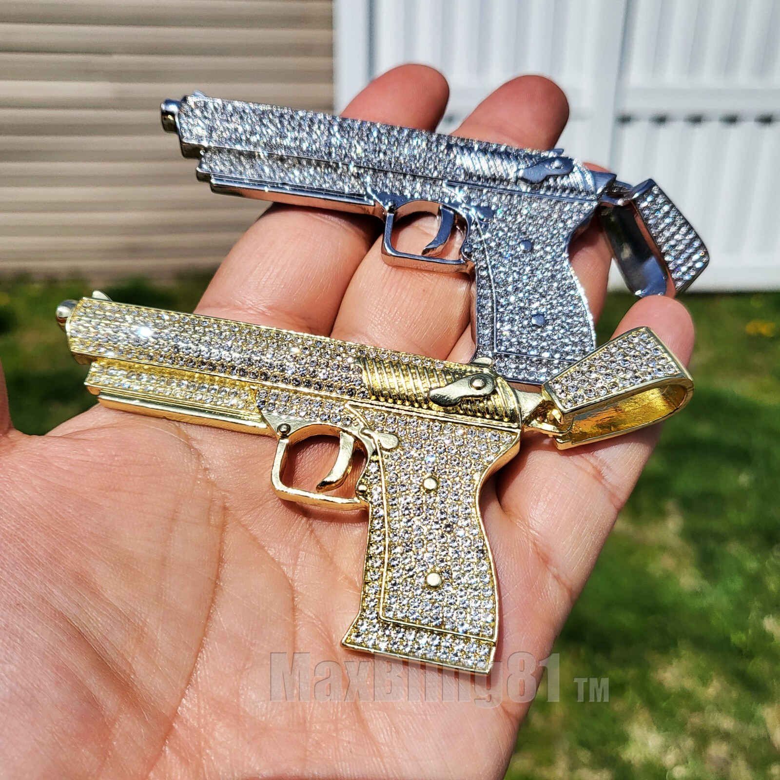 Hand Gun Large Charm Pendant Iced Cubic Zirconia Hip Hop Jewelry Accessory