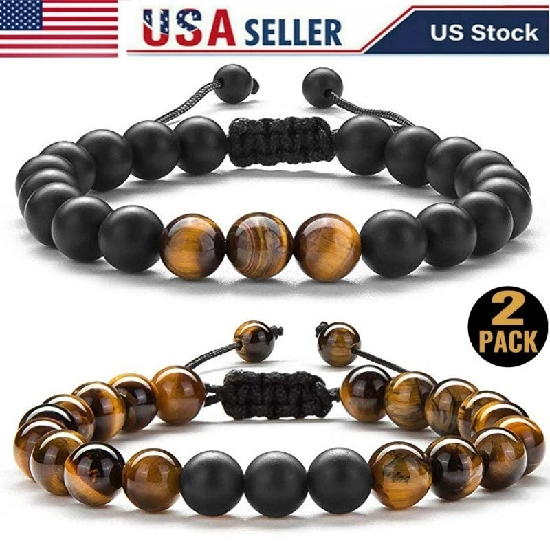 2Pcs Mens 8mm Tiger Eye Matte Agate Bracelet Set Gift for Dad Grandpa