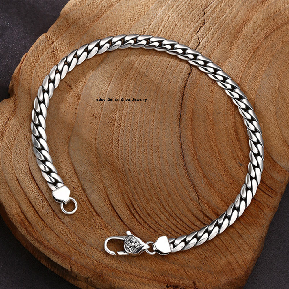 Pure S925 Sterling Silver Chain Vajra 5mm Smooth Curb Link Bracelet 7.1-7.9inch