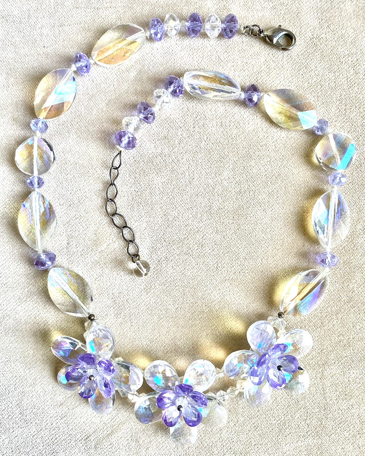 GLOWING Glass Crystal Flower 19″ Necklace BOREALIS & LAVENDER Eye Catching PIece