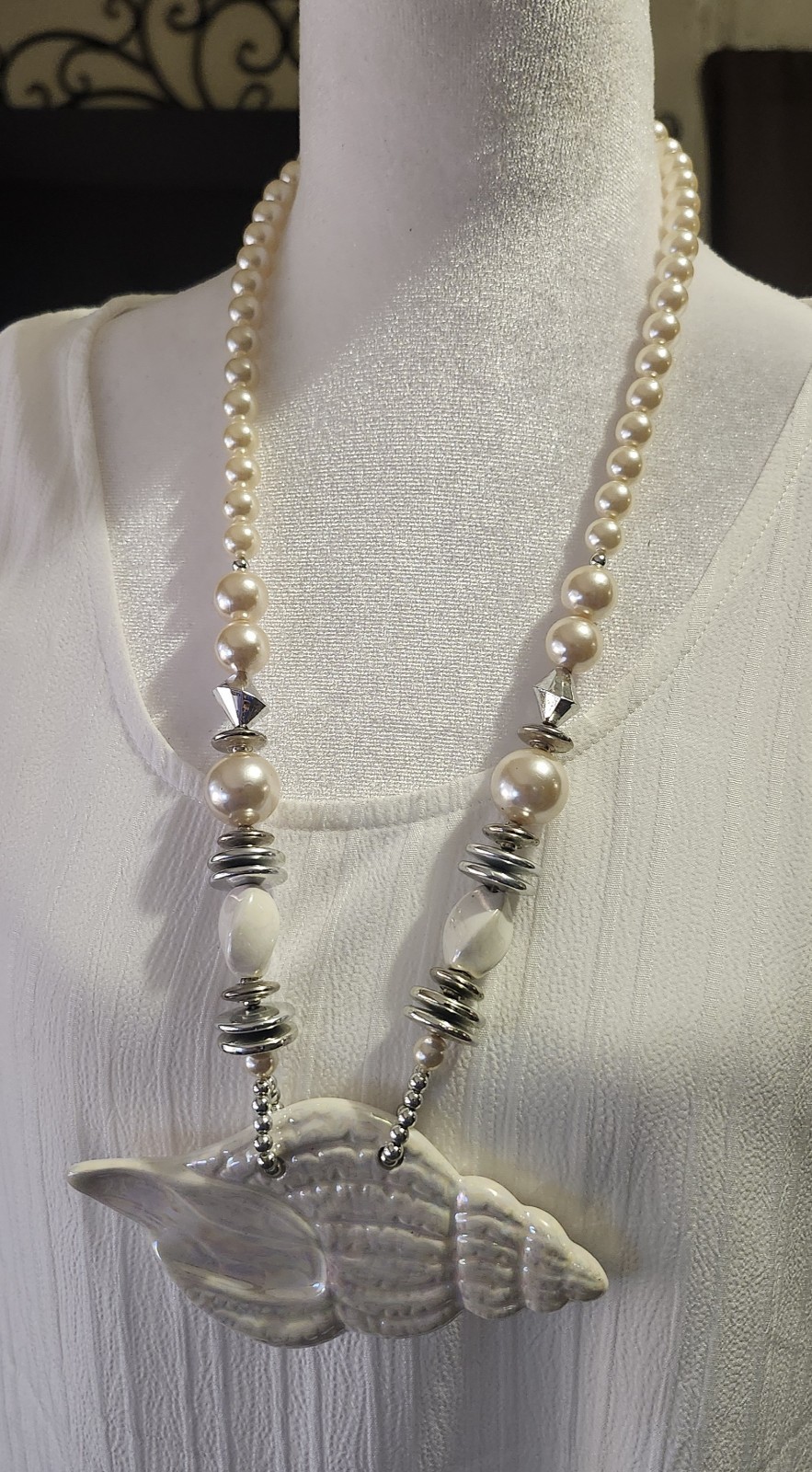 Iridescent SHell Pearl Necklace Silver Long 24 inch Statement Piece