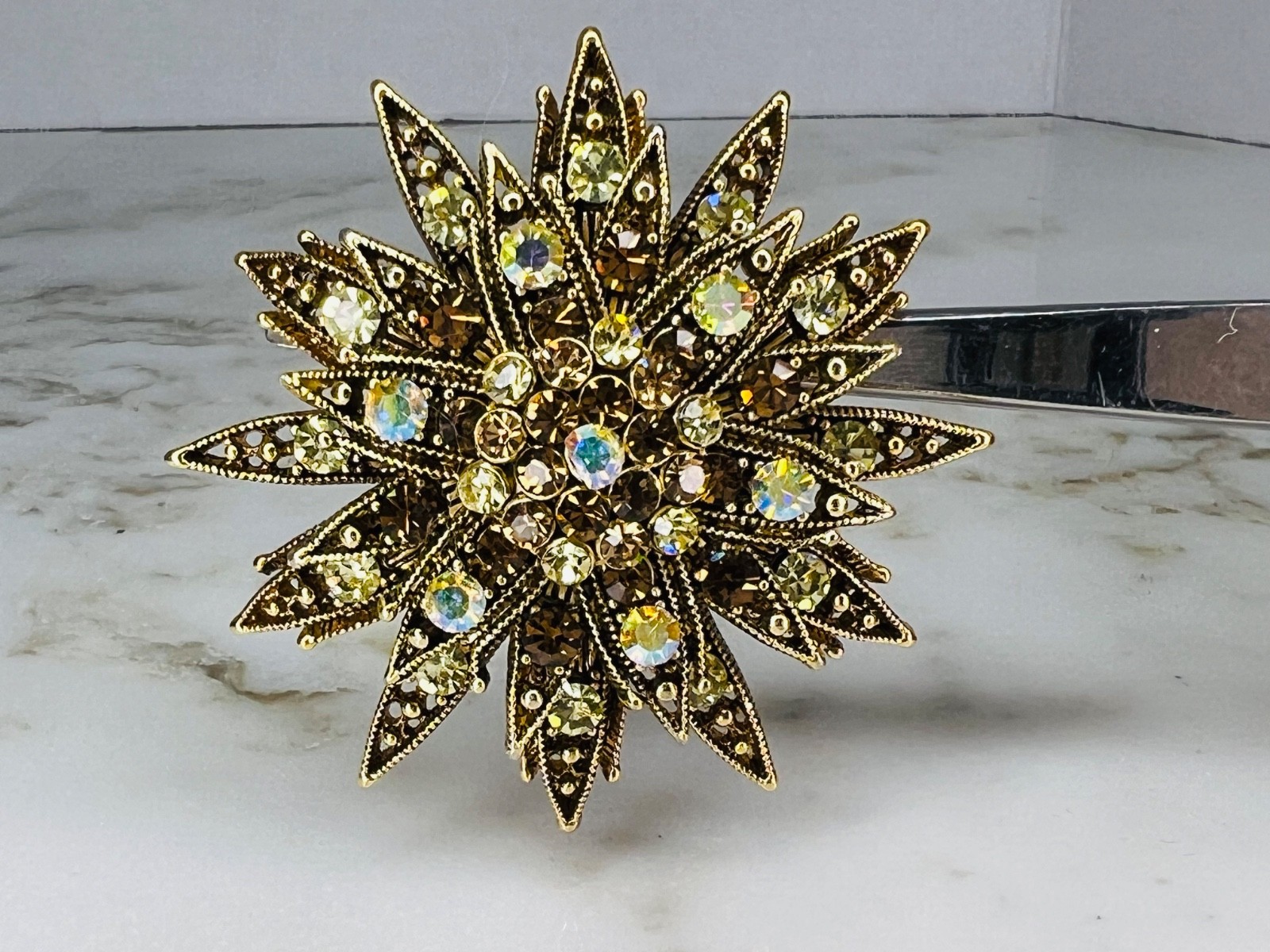 Stunning Starburst Aurora Borealis Textured Brooch Pin Goldtone 2 1/2 Inches