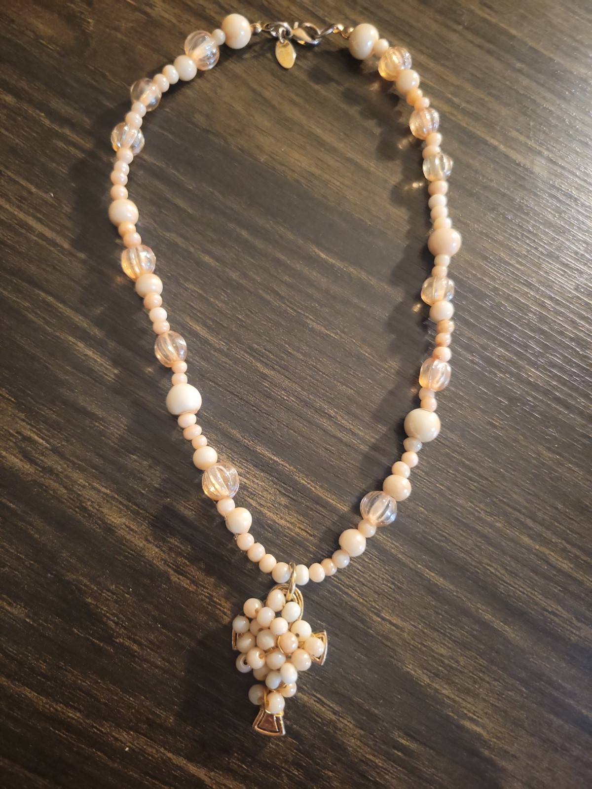 Vintage Cream & Champagne Beaded Necklace with Gold-Tone Cross Pendant
