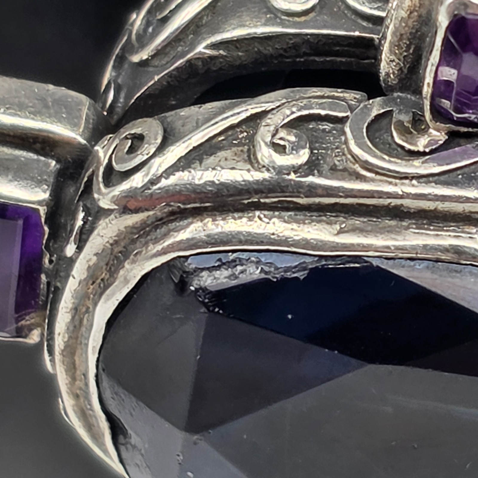 Vtg. Artisan 925 Silver Pendant Brooch Synth Sapphire Natural Amethyst 45+grams
