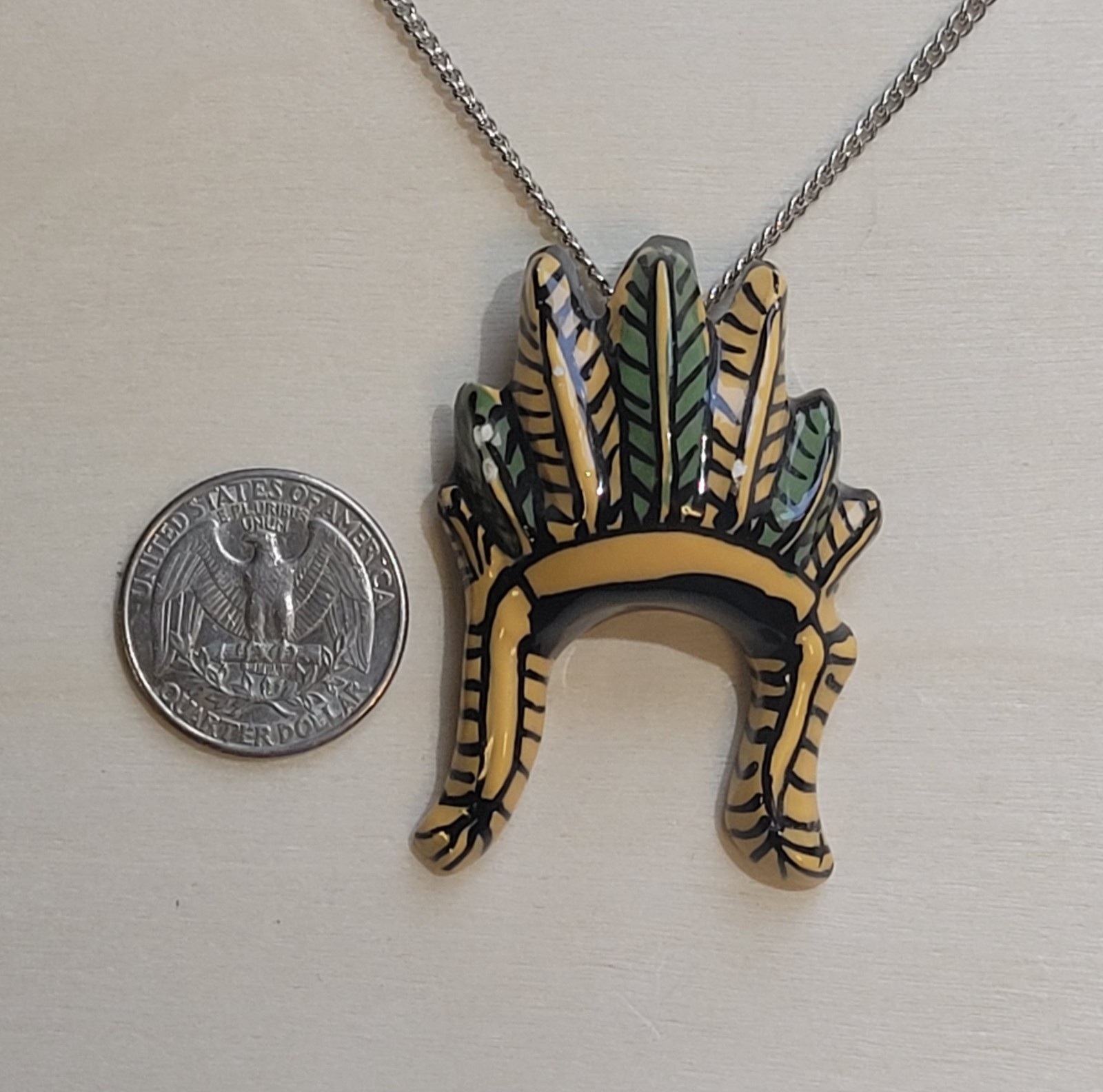 Native American Indian Chief Ceramic War Bonnet Headdress Pendant 26in Necklace