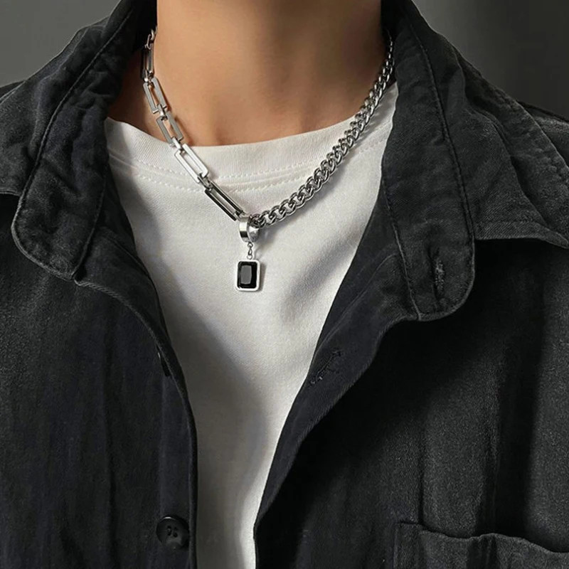 /Creative Hip-hop Tide Brand Simple Black Square Earrings Pendant Necklace Men’s