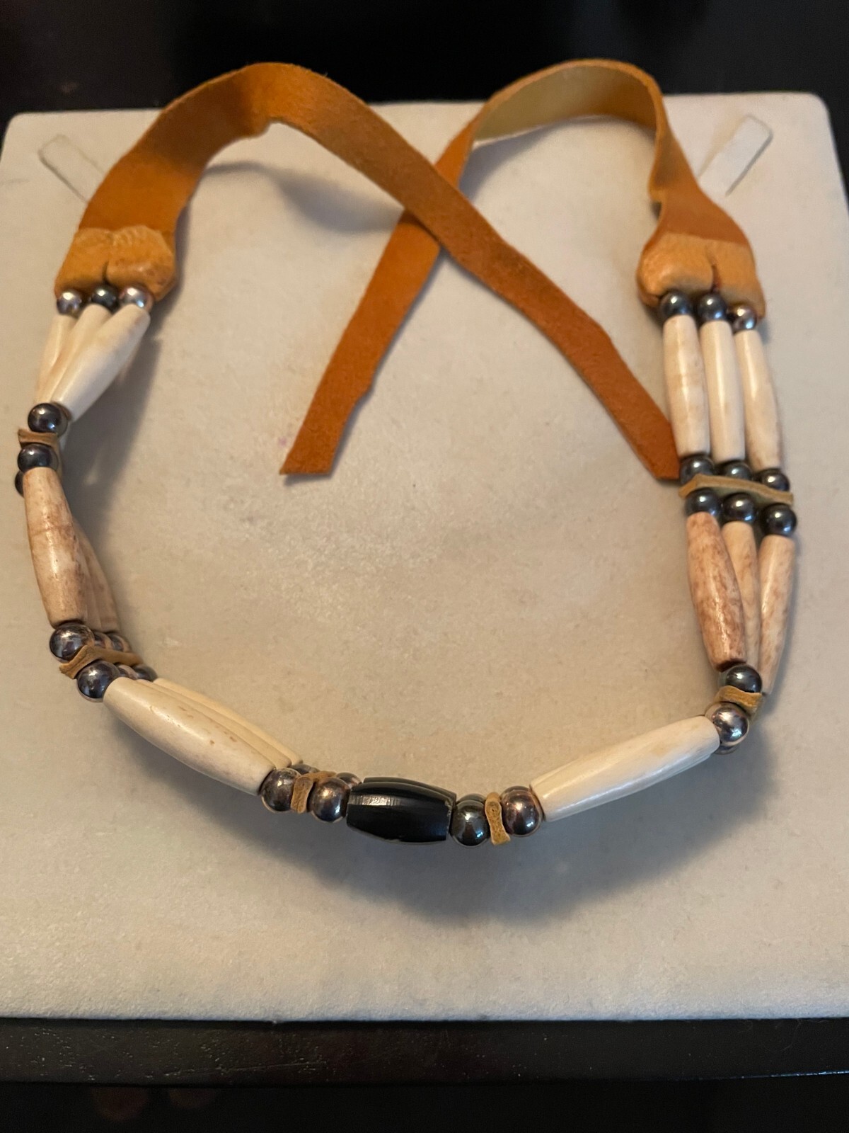 CHOKER NECKLACE HANDMADE BONE & STERLING CALF SKIN LEATHER SANTA FE, NM