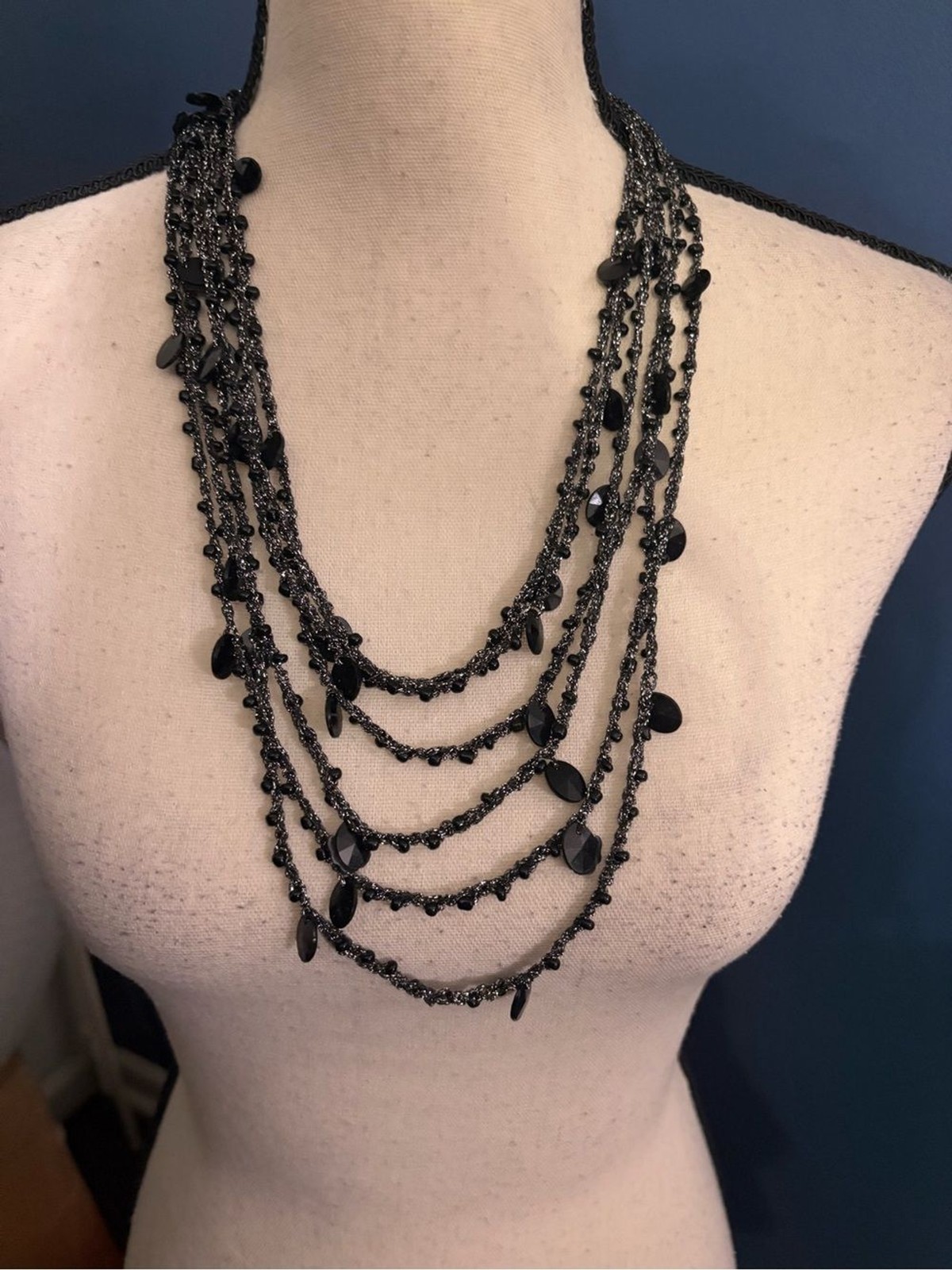 Black Gray Bead Multi Strand String Necklace