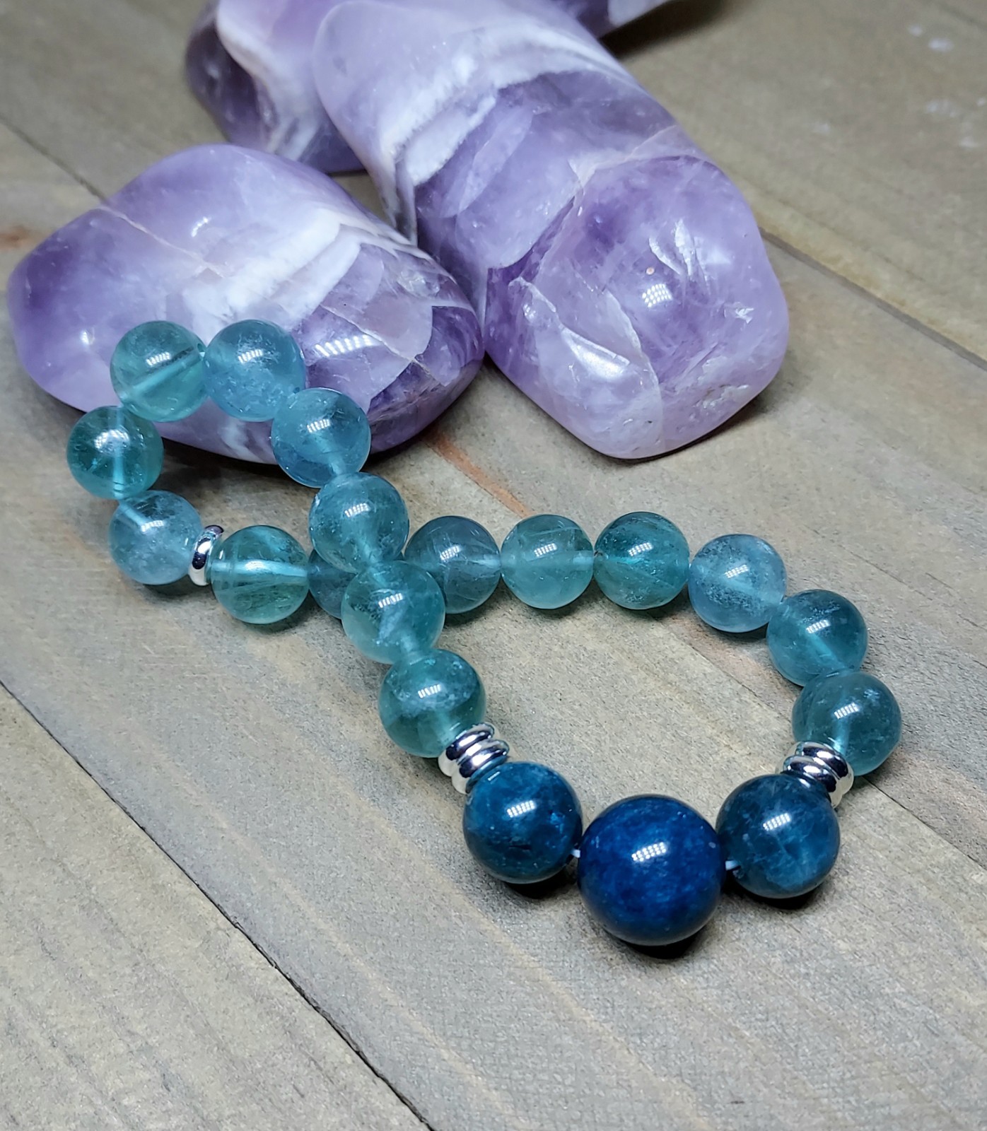 Blue Fluorite Bracelet With Blue Apatite, One Of A Kind Crystal Healing, 6.50″