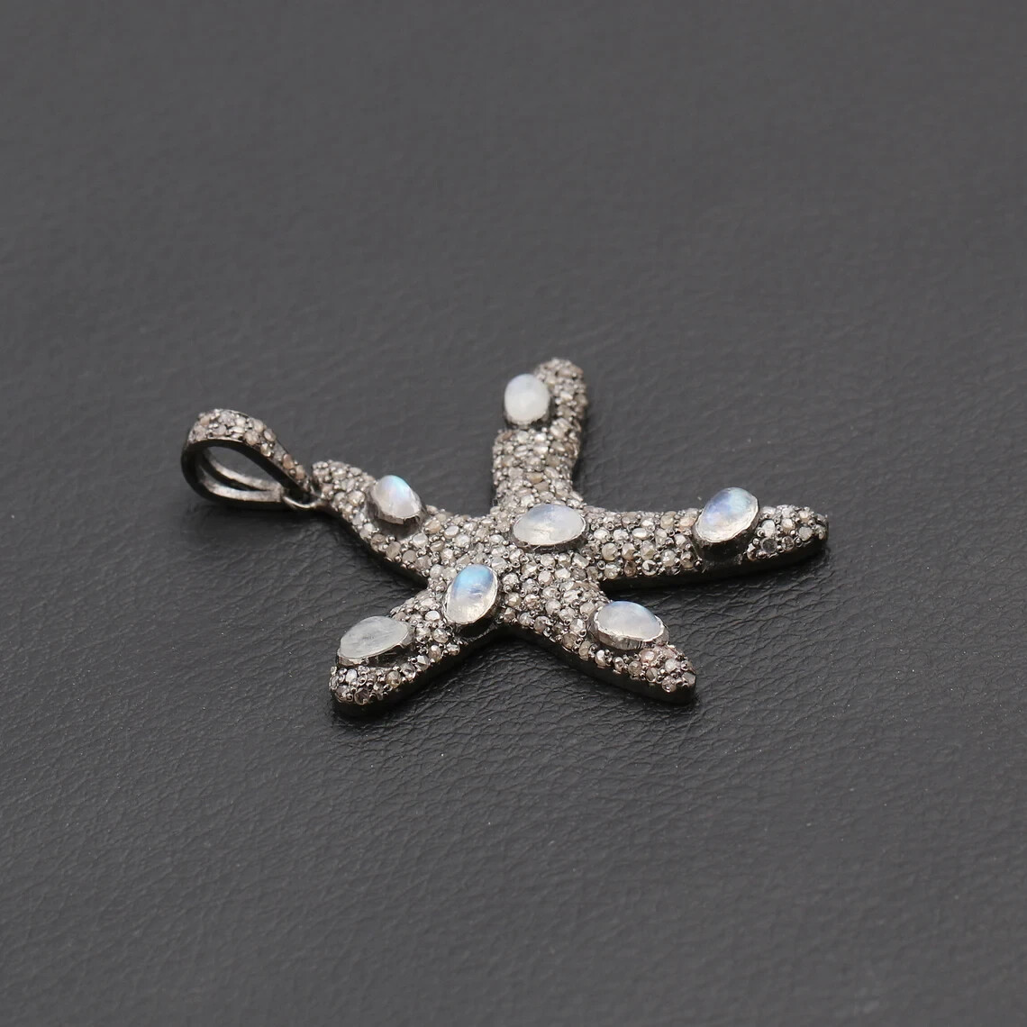 Star Fish Design Diamond &Rainbow Moonstone Gemstone Pendant 925 Sterling Silver