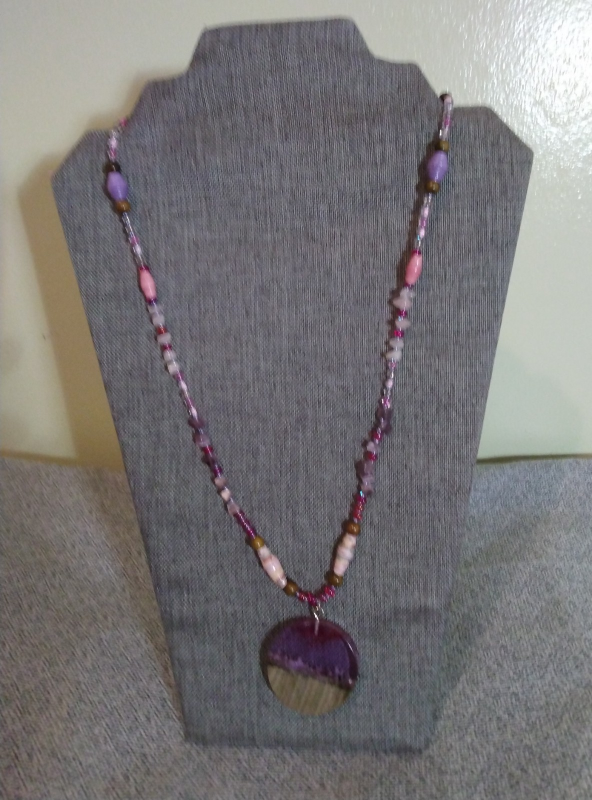 Handcrafted Bohemian Multicolor Glass Beaded Necklace, Round Purple Charm