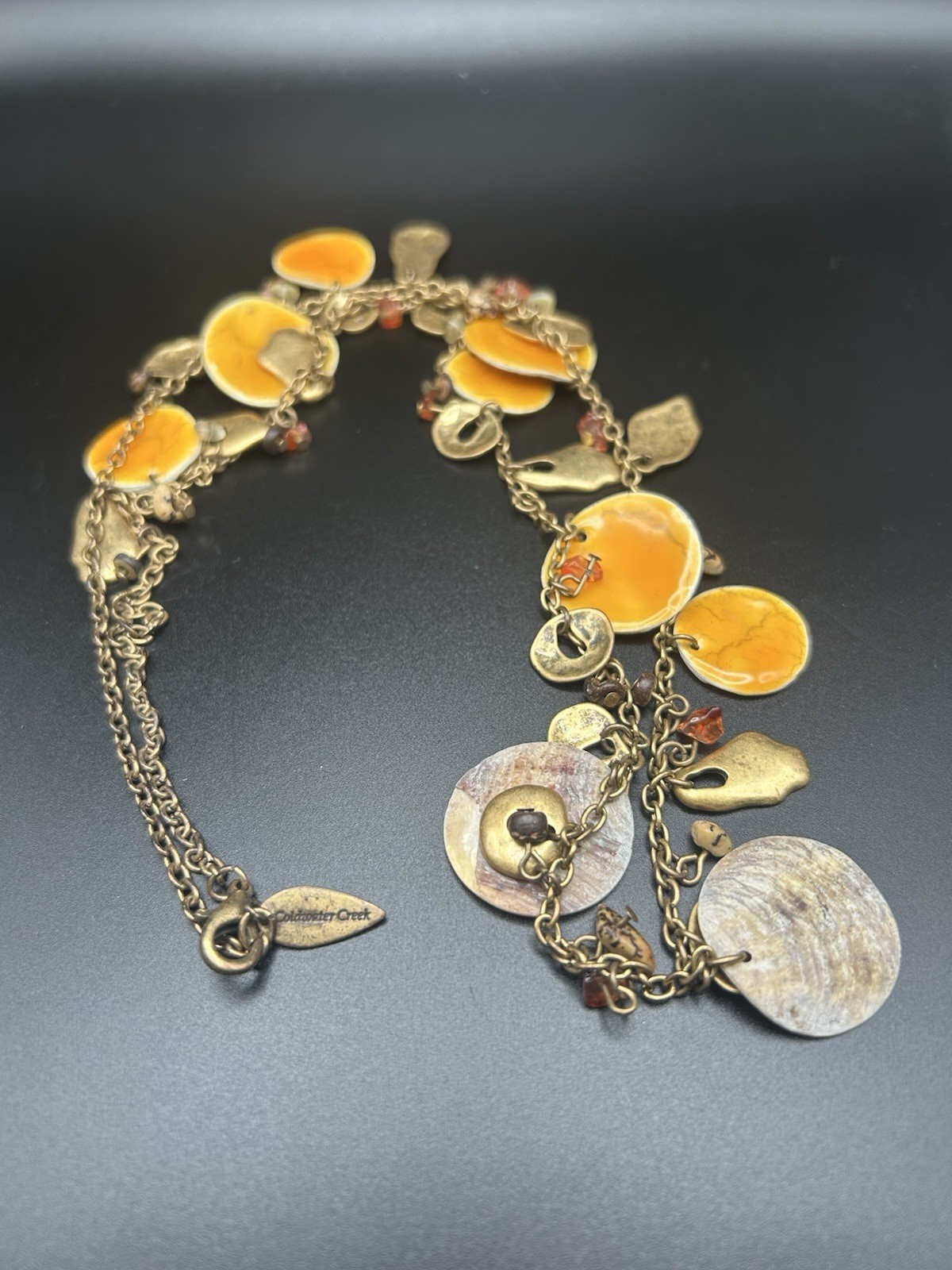 Coldwater Creek Orange Enamel Disc Shell Long Chain Station Charm Necklace Boho