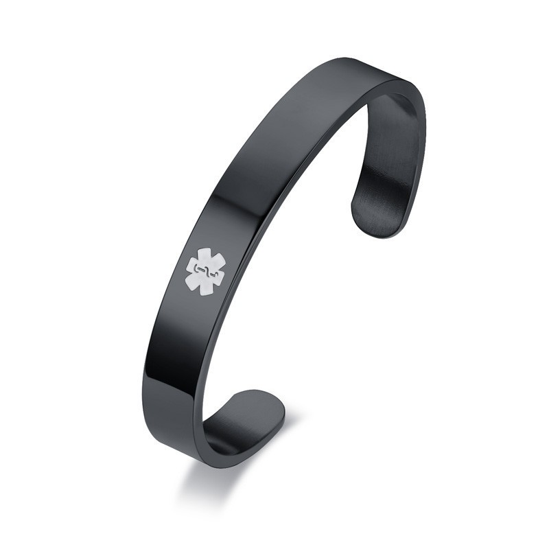 8mel2 Wide Medical Alert ID ICE Bangle Bracelet Cuff First Aid DIY Engraving Bla