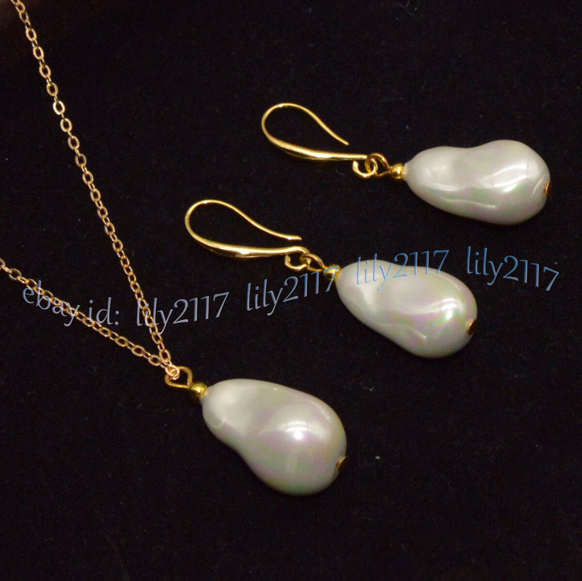 12x20mm White South Sea Baroque Shell Pearl Pendant Necklace Earrings Gold Chain