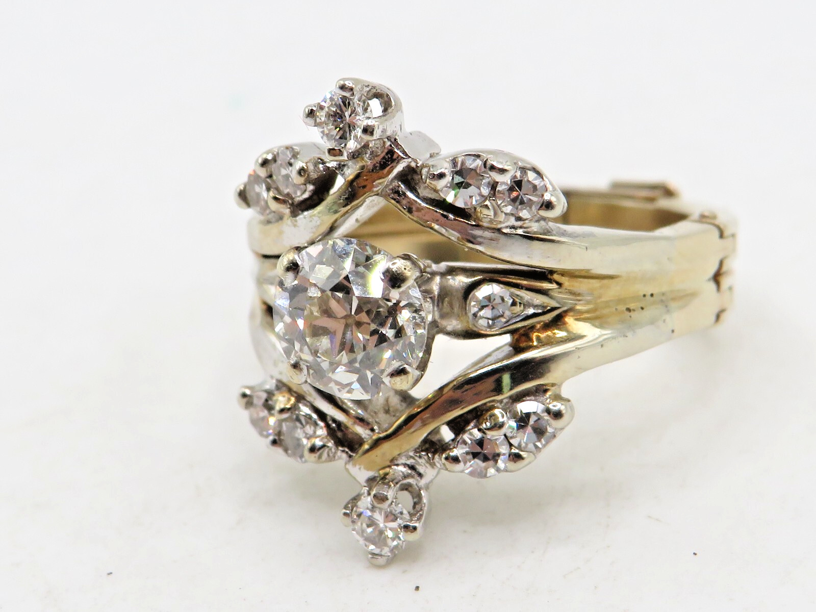 FINGER FIT 14k YELLOW GOLD EUROPEAN CUT DIAMOND RING w 12 ACCENT DIAMONDS SZ 6*
