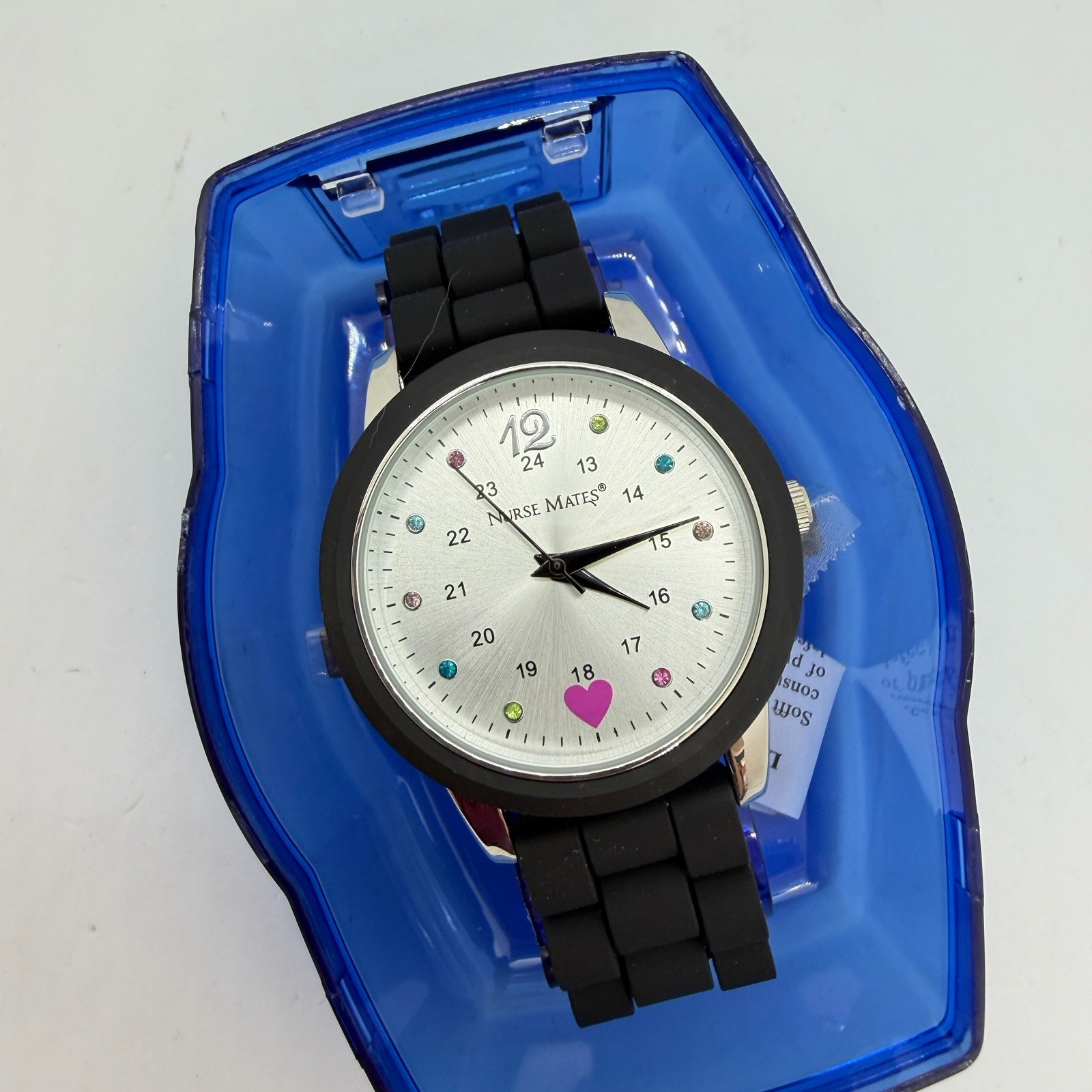 Nurse Mates Sparkle nurse watch water-resistant Silicone strap – Black Silver