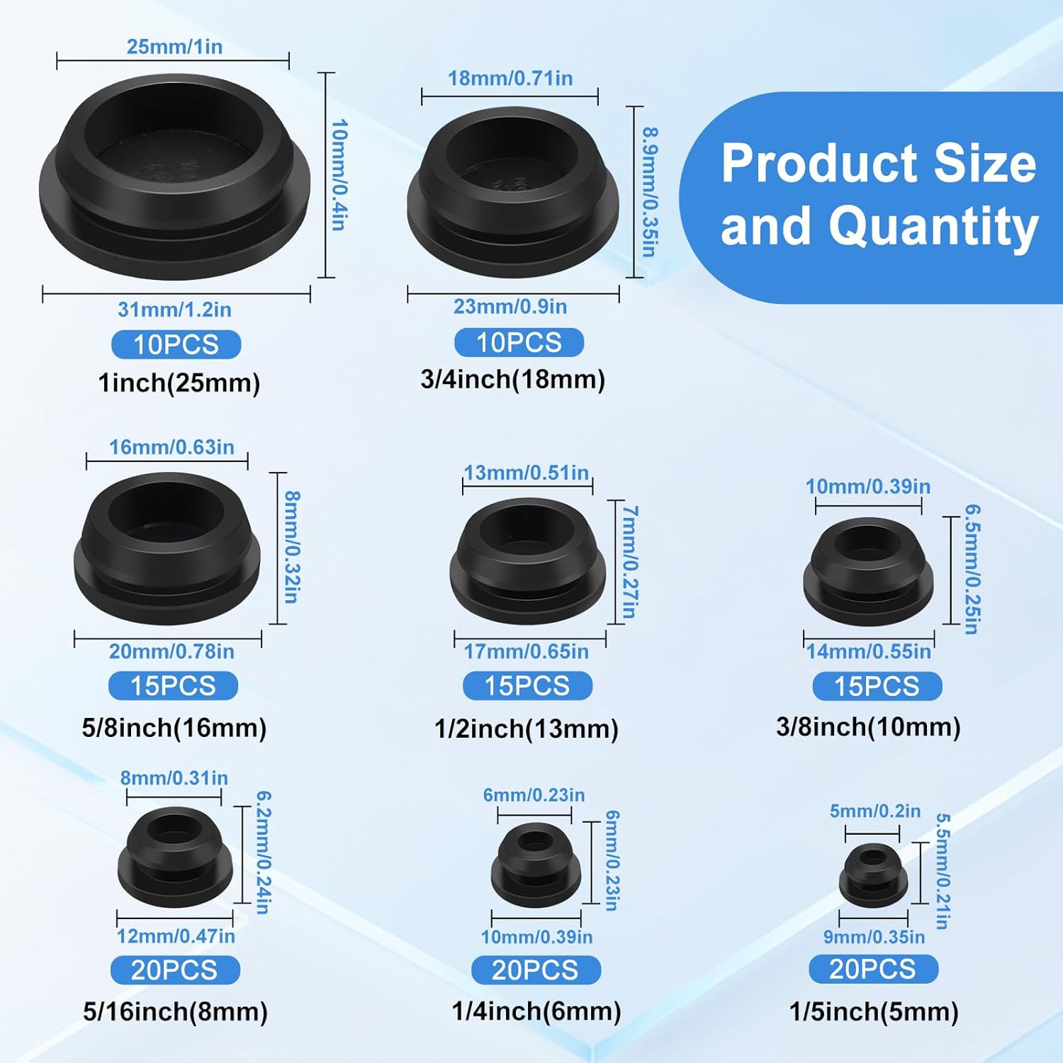 125Pcs Black Rubber Hole Plugs Assorted Sizes Silicone Round Plug Kit