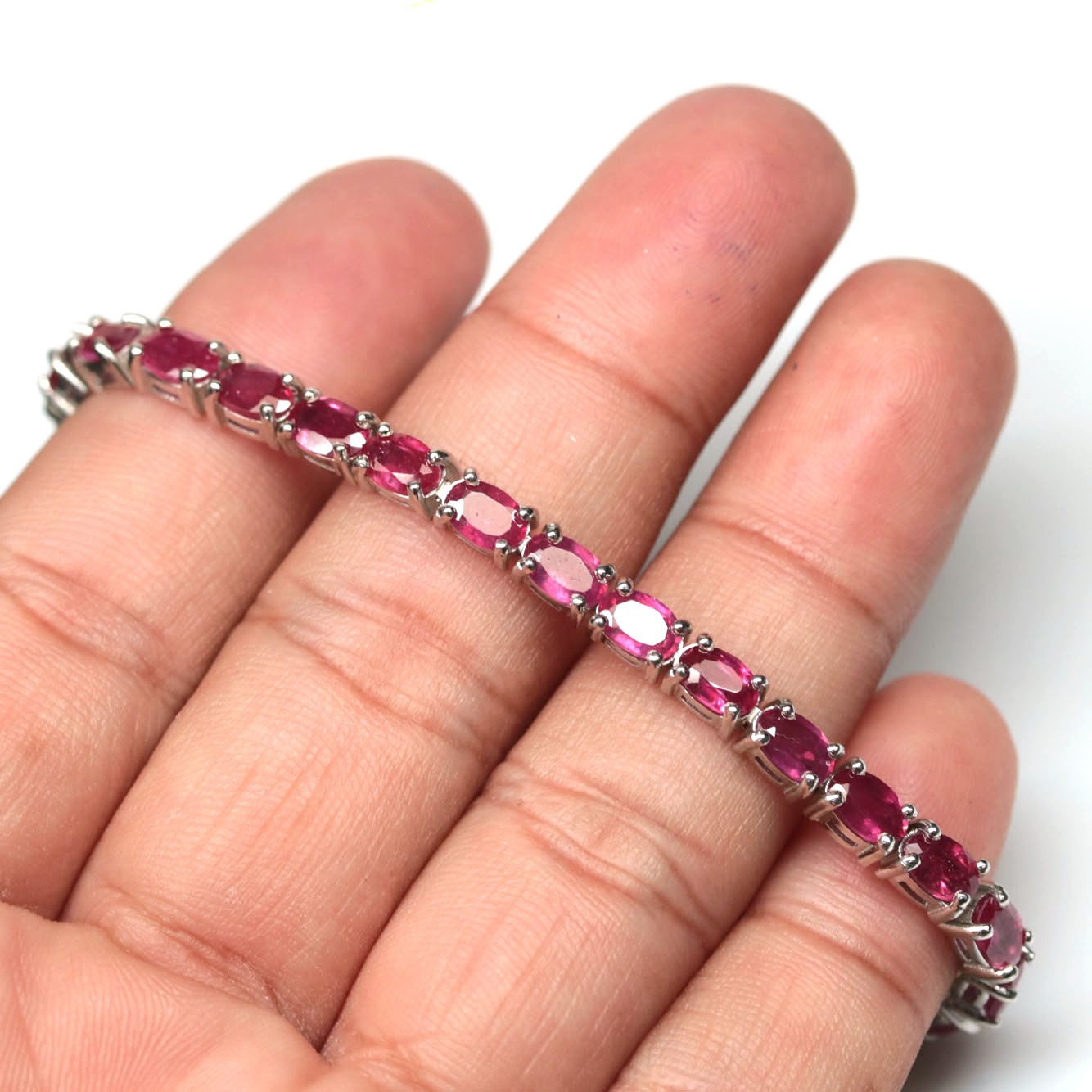 925 Sterling Silver Red Ruby Bracelet 7.25 in White Gold Plated