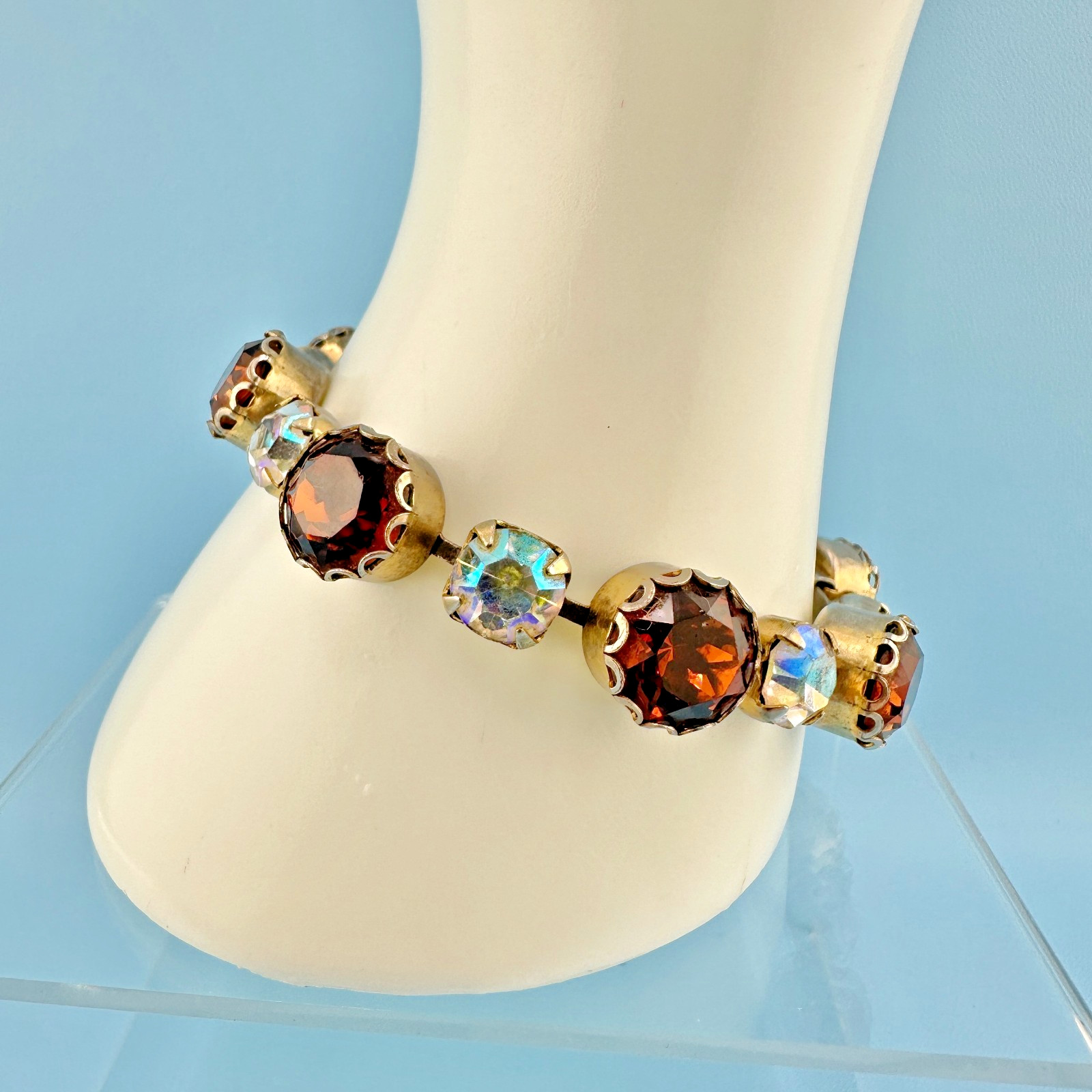 Vintage Rhinestone Bracelet Large Pronged Root Beer Color AB Stones 7″ Cup Chain