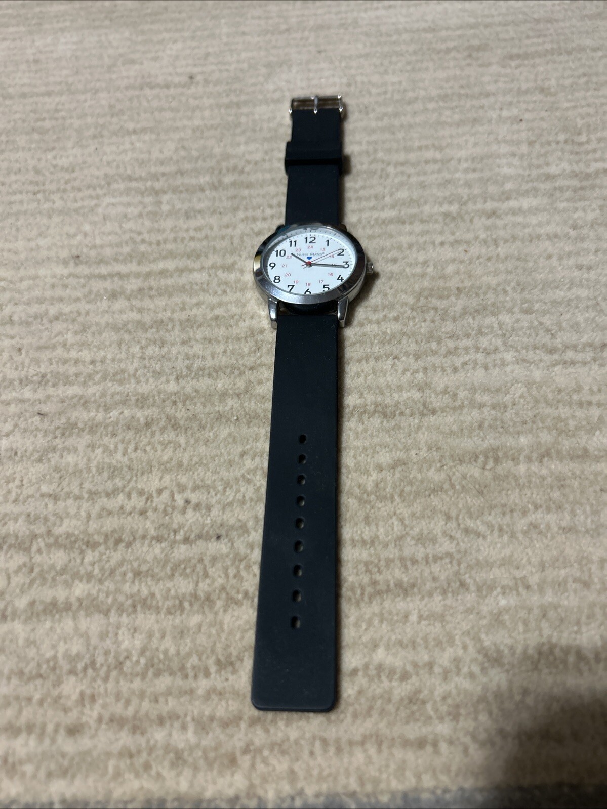Nurse Mates Wrist Watch Silver W/Black Band, Not Tested & Needs Battery.