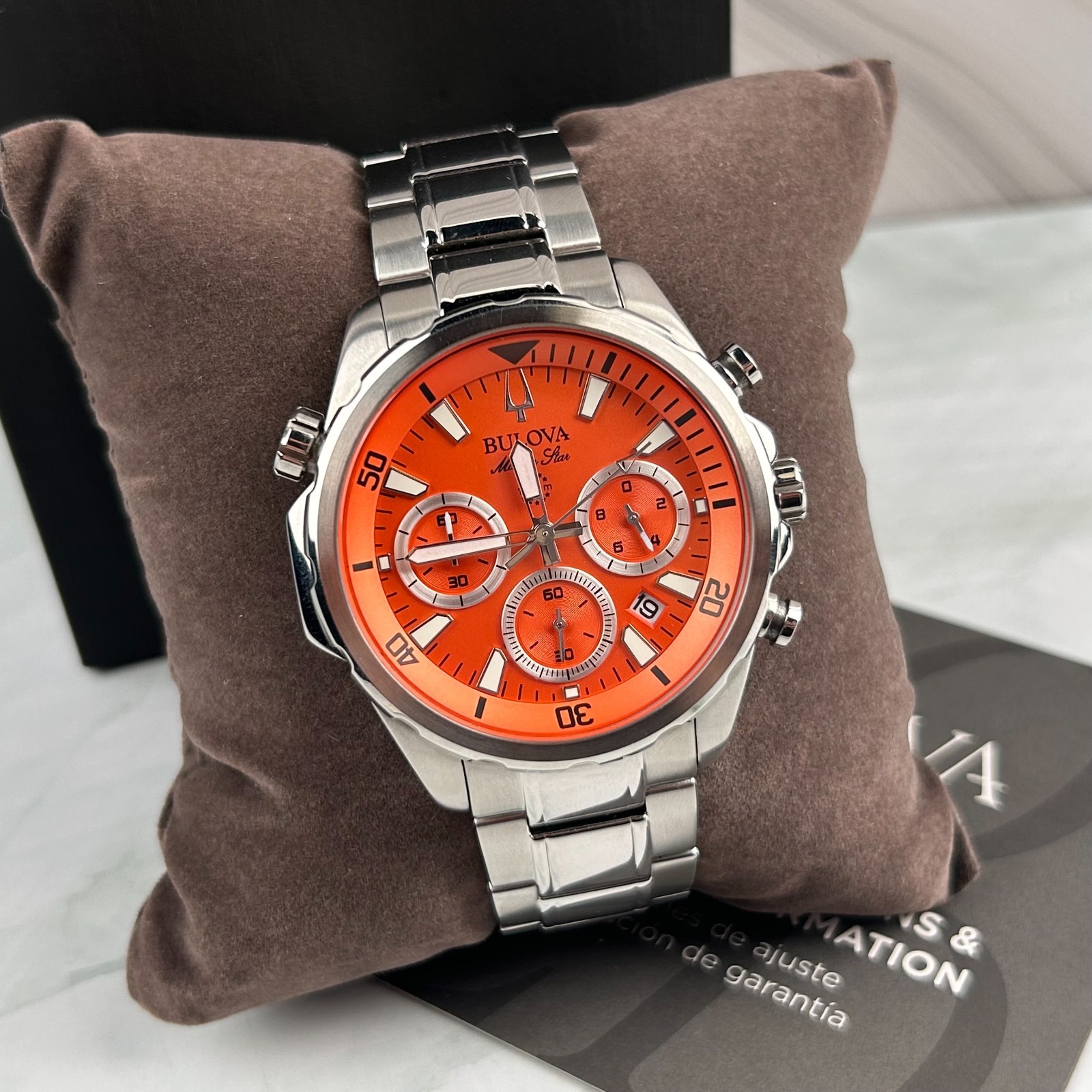 Bulova Classic Marine Star 96B395 Orange Dial Chronograph Men’s Quartz Watch New