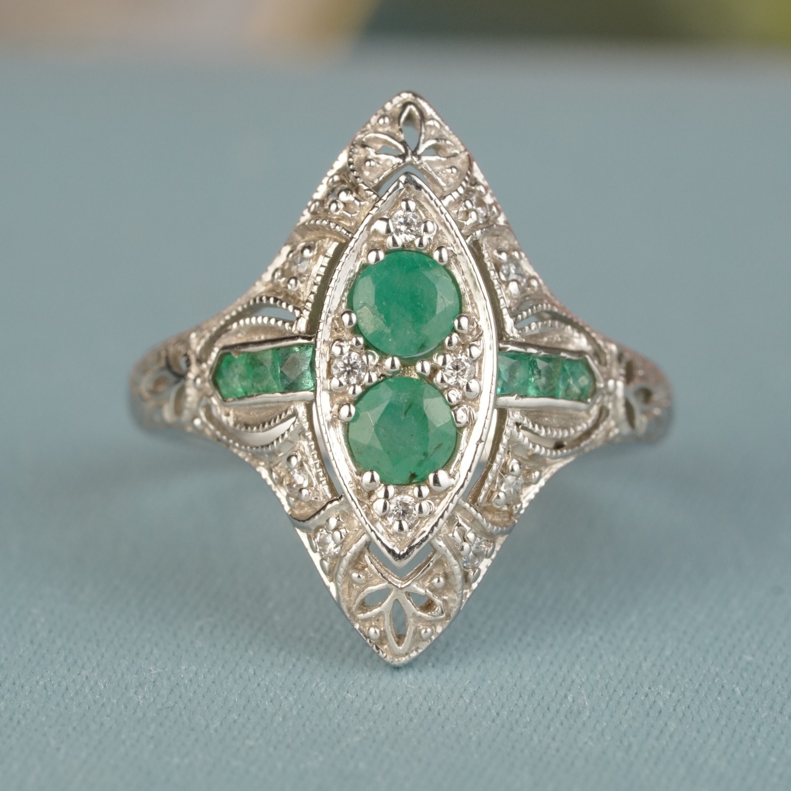 Silver925 Emerald Diamond Vintage Style Filigree Ring
