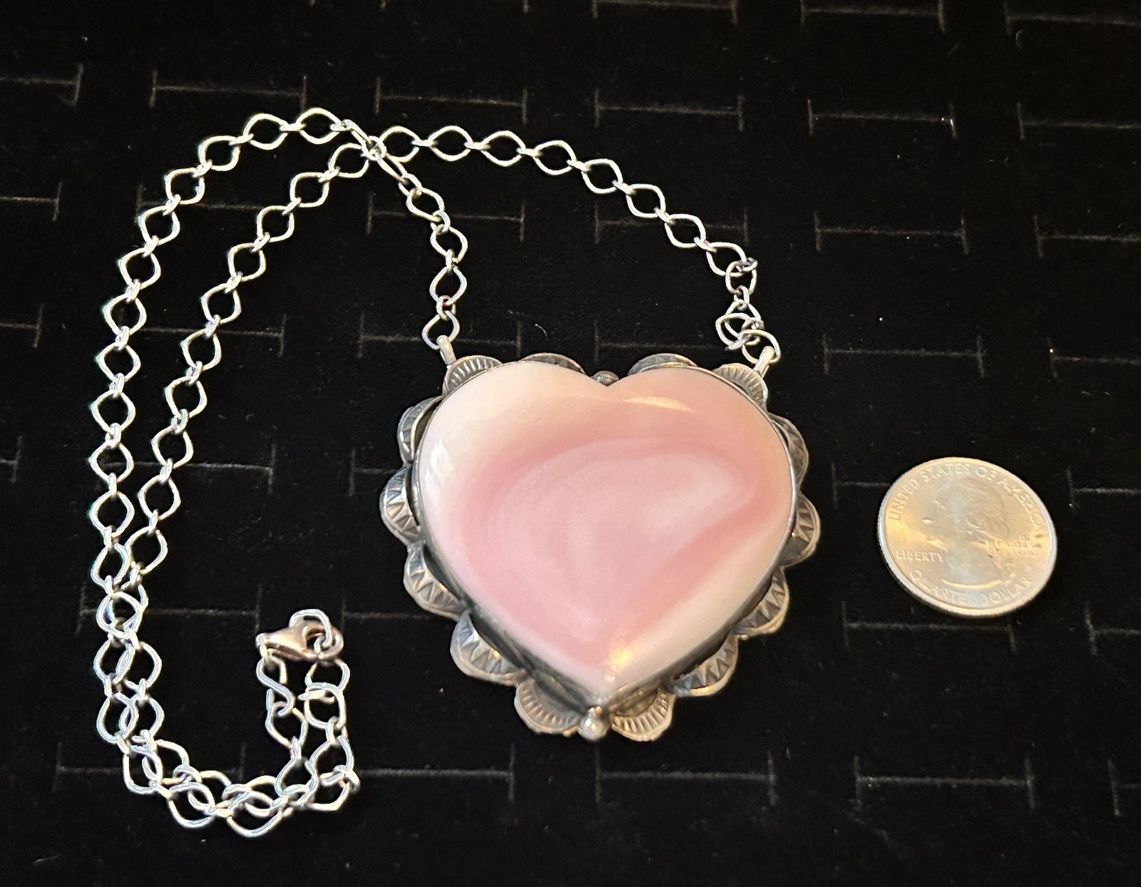 Navajo Handmade Sterling Silver & Pink Conch Heart Necklace by Artist Tia Long