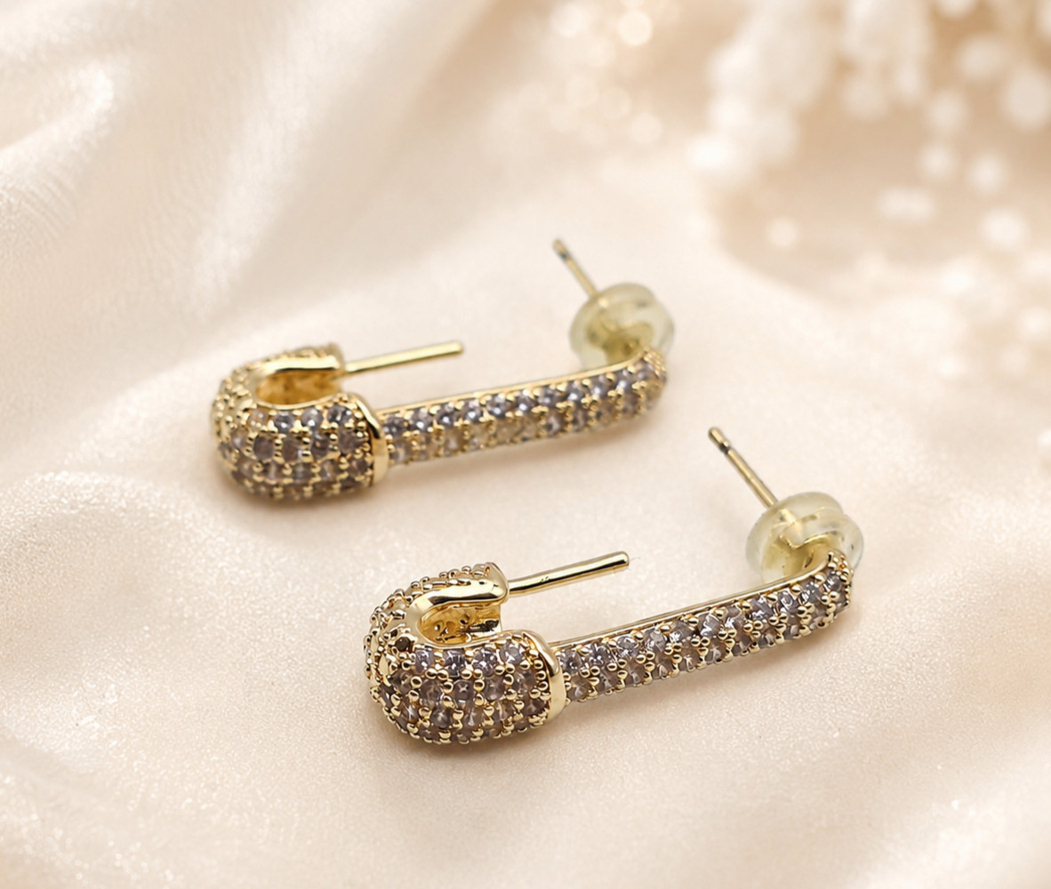 Gold Tone Clear CZ Pavé Safety Pin Stud Earrings 1 Inch Edgy Punk