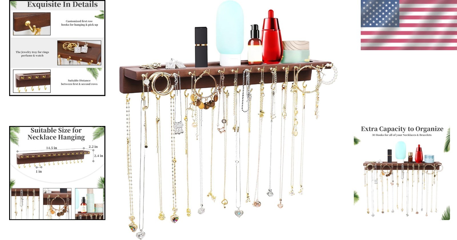 Elegant 30-Hook Necklace Organizer Wall-Mounted Jewelry Holder in Walnut