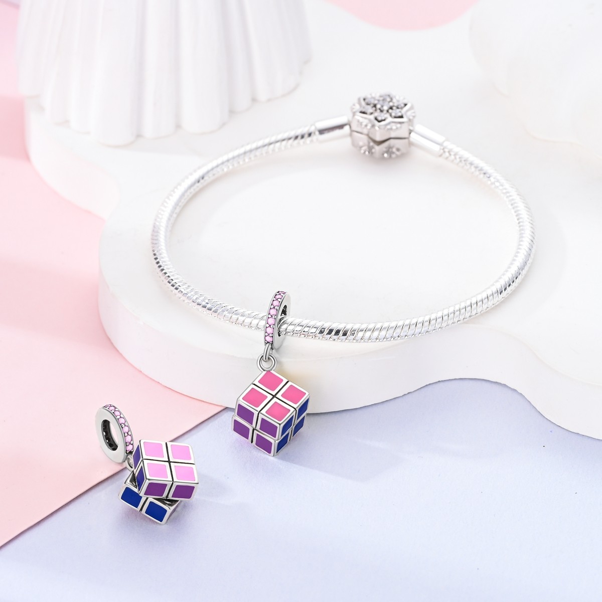 MULA 925 Sterling Silver Charm Colorful Rotating Magic Cube for Women Bracelet