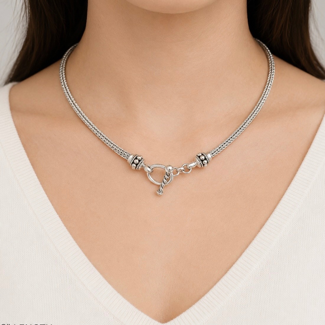 Sterling Silver Bali Round Wheat Link Chain Toggle Necklace 18in 4mm