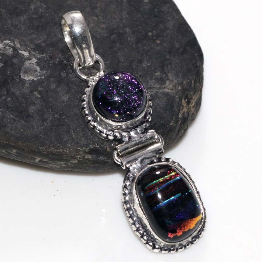Long American Dichroic Glass 925 Silver Plated Pendant 1.9″ Gift For Niece JW