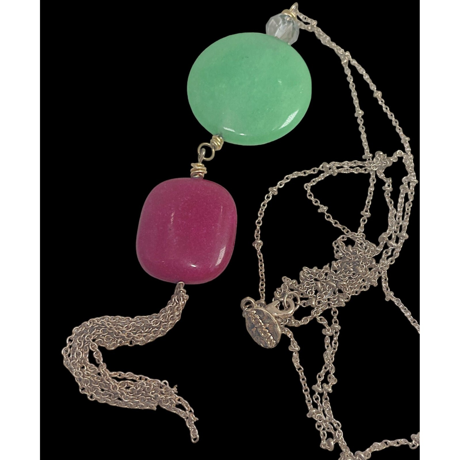 Envious Magenta Red & Green Acrylic Cabochon Stones w Tassel Pendant 36″ Long