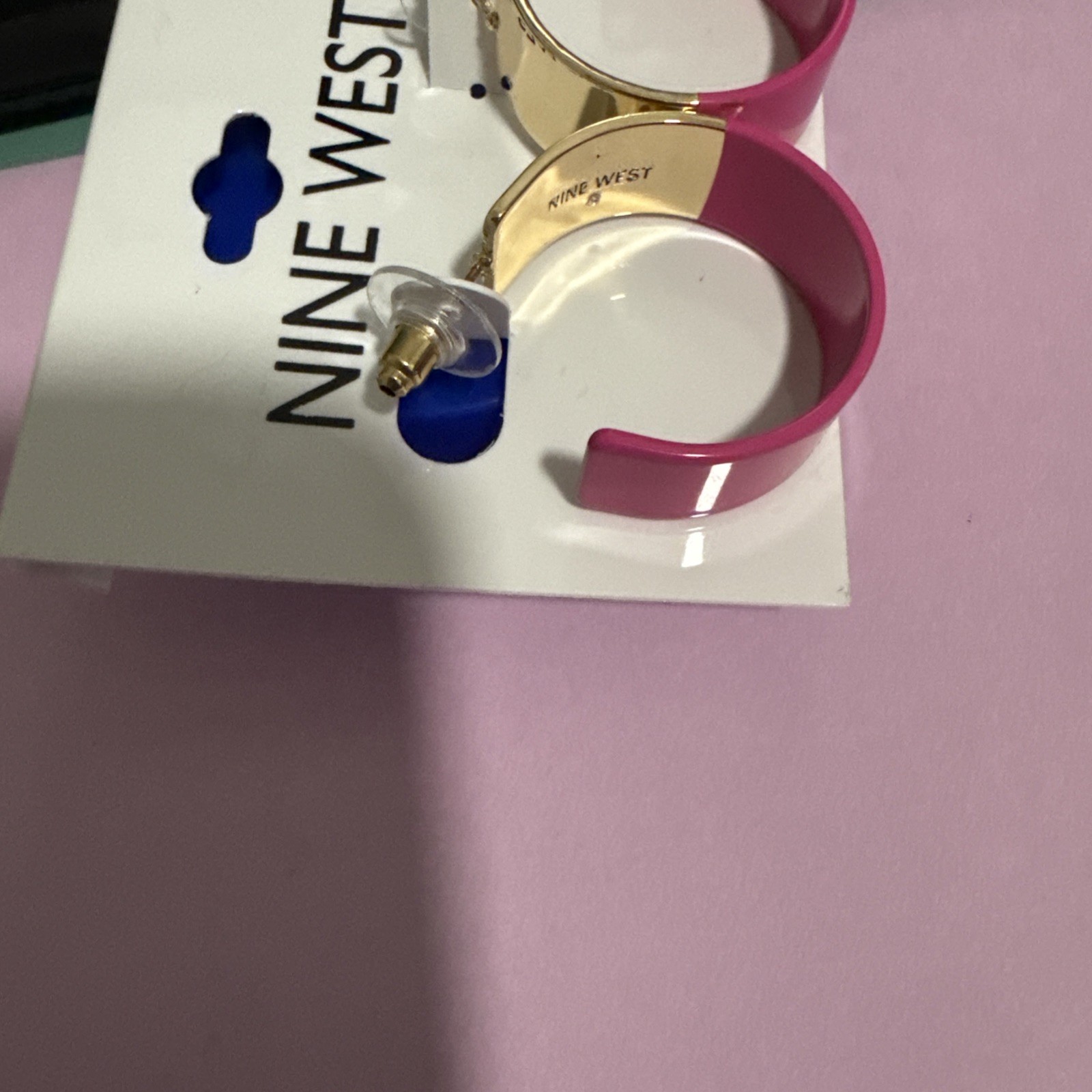 Nine West Gold Tone Pink Enamel Hoop Earrings Marked. New Spring Easter